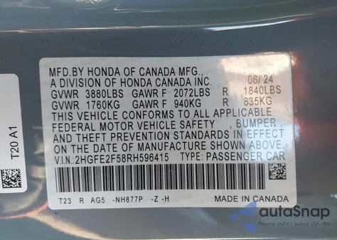 2024 Honda Civic Sport from USA, damaged, VIN 2HGFE2F58RH596415